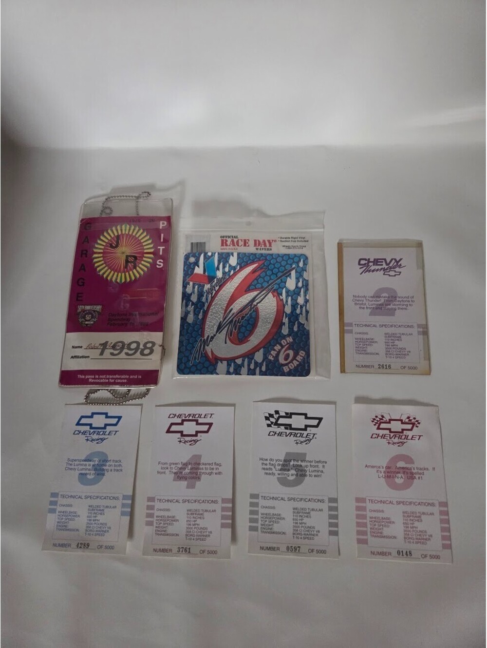 1998 Daytona 500 Garage Pits Badge + Mark Martin #6 Race Waver + Chevy Cards